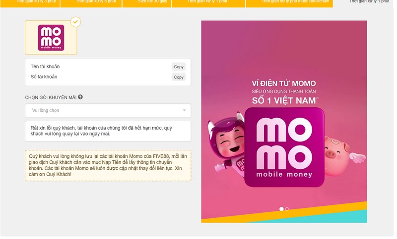 Phương pháp nạp tiền tại FIVE88 qua Momo