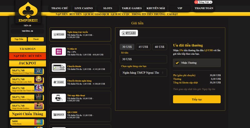 Nạp tiền tại Empire anh em chỉ cần thực hiện thao tác đơn giản