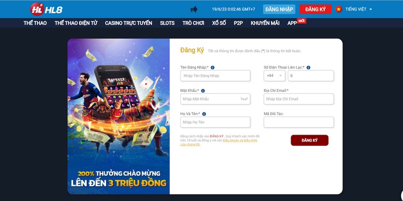 Giao diện màn hình tạo tài khoản nhà cái HL8