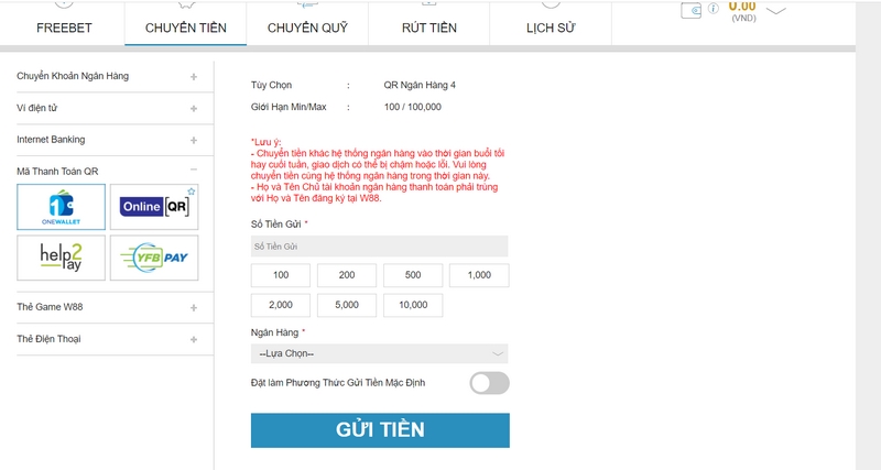 Nạp tiền tài khoản game W88 nhanh chóng qua mã thanh toán QR 