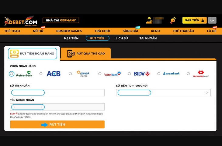 Rút tiền bằng ngân hàng tại Debet siêu tốc với vài phút