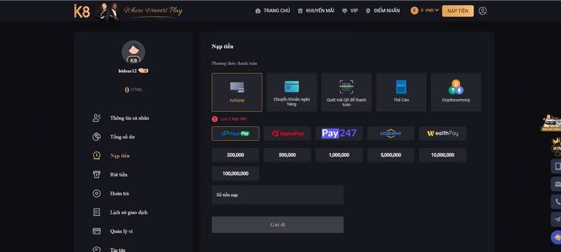 Giao dịch tại K8 cực kỳ nhiều phương thức thực hiện