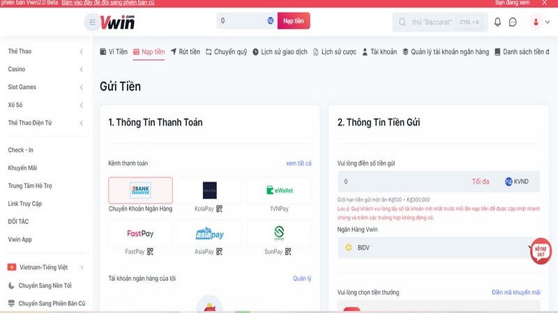 Phương thức thanh toán trang cược Vwin đang hỗ trợ