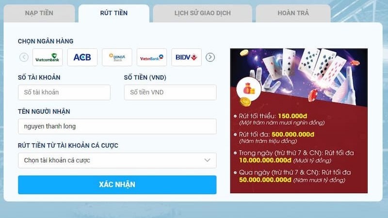 Hướng dẫn cách rút tiền 8LIVE siêu tốc bằng tài khoản ngân hàng